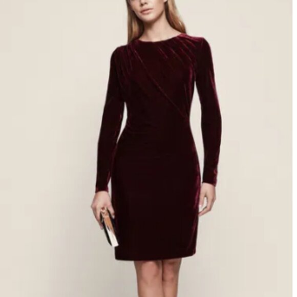 Reiss Matty Velvet Bodycon Mini Dress Burgundy Drape Detail Long Sleeves Size 6 - Picture 1 of 9